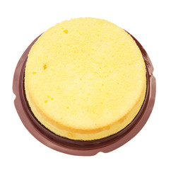 top view home made round sponge cake on white with clipping path