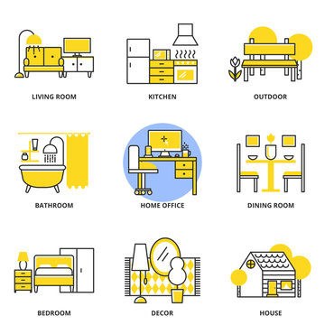 Furniture vector icons set: living room, kitchen, outdoor, bathr