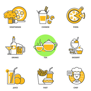 Food and drink vector icons set: vegetarian food, chinese food,