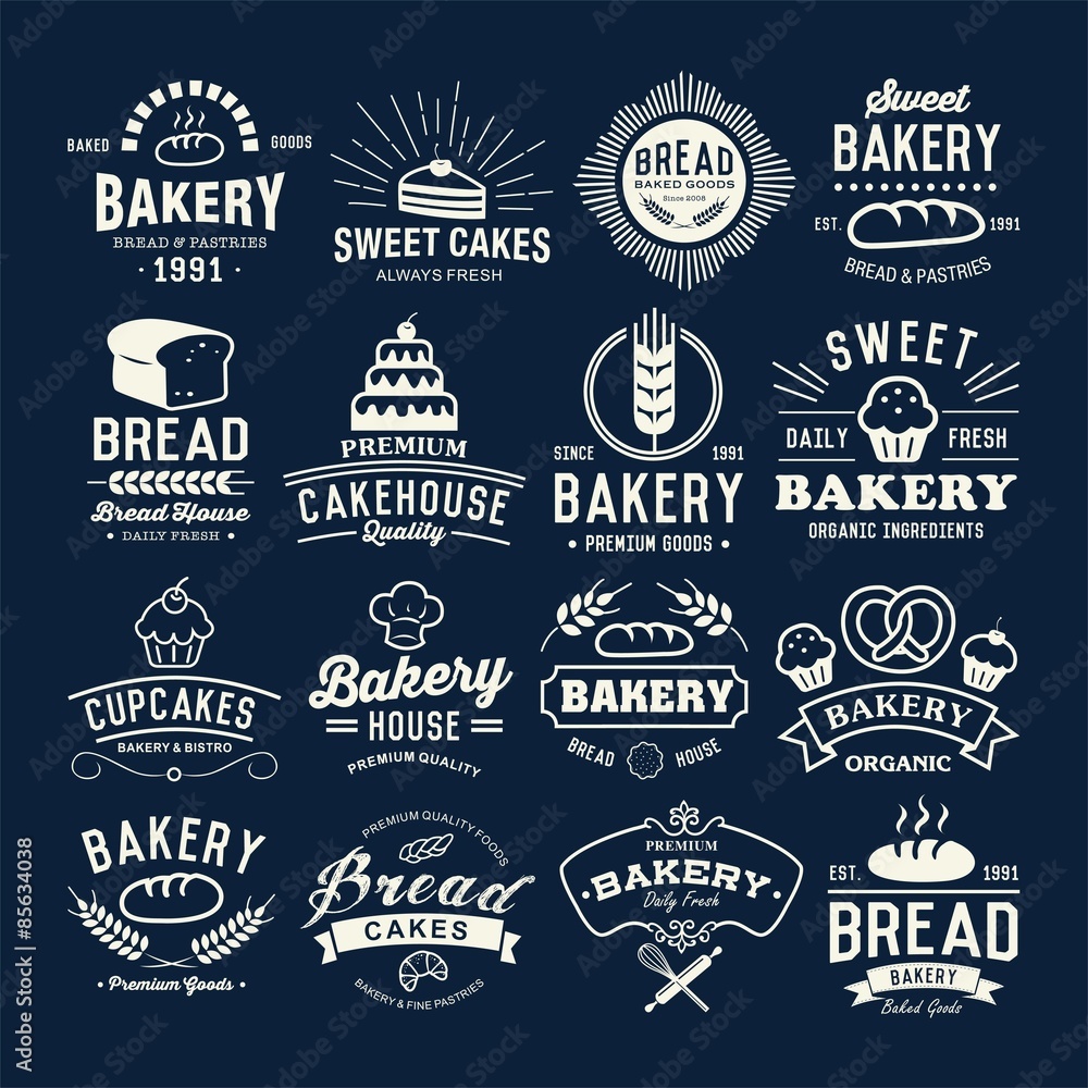 Wall mural retro bakery labels, logos, badges, icons, objects and elements.