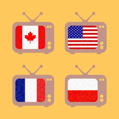 set icons with flags of countries known on an orange background