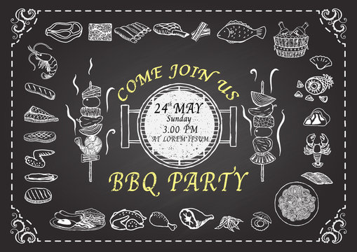 Barbecue party invitation. Hand drawn meats on chalkboard. Restaurant menu design template.