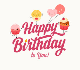 Happy Birthday typographic illustration with cartoon cupcakes