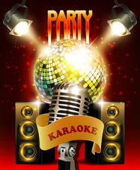 Karaoke party background with audio speakers and disco ball.