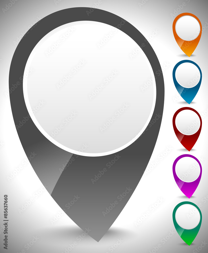 Aufkleber 3d map marker, map pin set in multiply colors