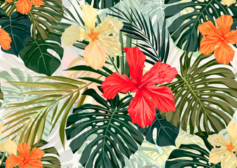 Bright colorful tropical seamless background with leaves and © Ms.Moloko