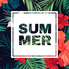 Bright colorful tropical summer poster with leaves and flowers © Ms.Moloko