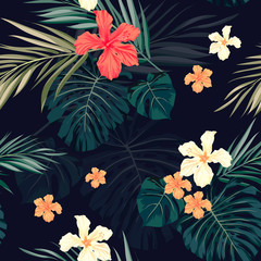 Bright colorful tropical seamless background with leaves and