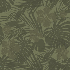 Tropical seamless monochrome khaki camouflage background with