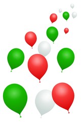 Red, green, white balloons on white background