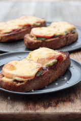Freshly grilled slice of bread with pickles, tomatoes, ham and melted cheese.