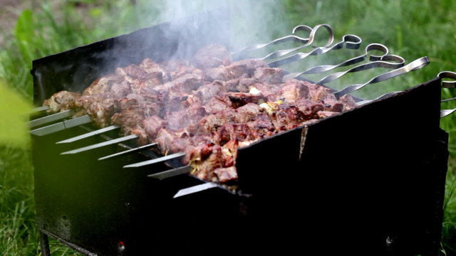 Preparation of a shish kebab on the grill on the lawn in the garden