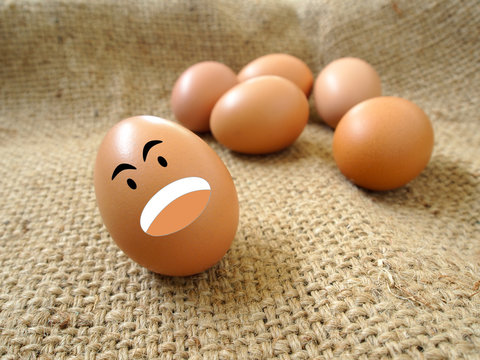 Eggs with facial expressions placed on sack.