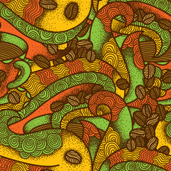 Coffee flavor hand drawn graphic ornate. Warm colors seamless pattern.