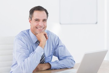 Smiling businessman using his computer