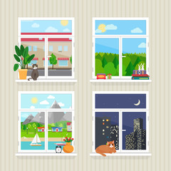 Vector flat windows with landscape