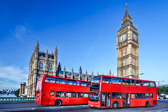Big Ben with buses in London, England