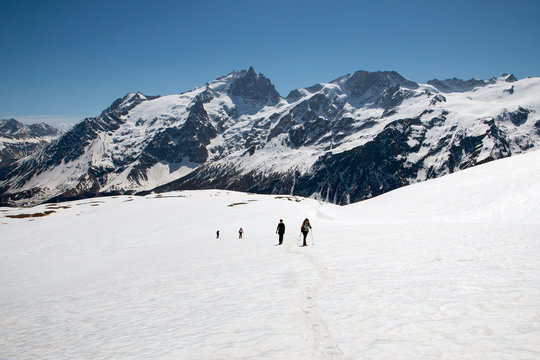 Fototapeta Randonnée raquettes face à la La Meije depuis le Plateau d ' Emparis , Massif des Ecrins.