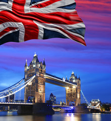 Fototapeta na wymiar London Tower Bridge with flag of England