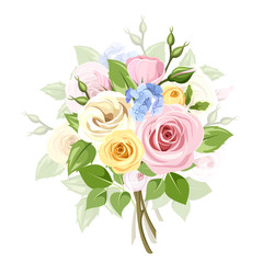 Bouquet of colorful roses, lisianthus and lilac flowers. Vector.
