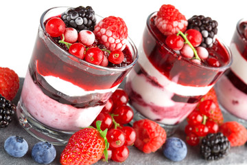 close-up of ice cream parfait with berries