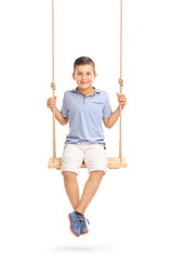Joyful little boy sitting on a swing