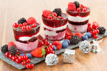 dessert with berries, soft fruit and Christmas decorations