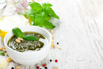 Basil pesto sauce and fresh ingredients