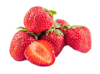 Red strawberries with green leaves, isolated