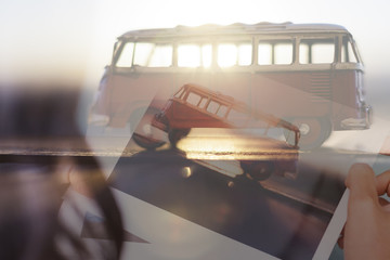 double exposure travel photos and a van.