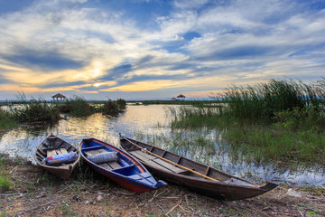 Fishing boat in lotus lake at khao sam roi yot national park, thailand