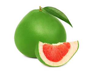 One whole green pomelo and slice (isolated)