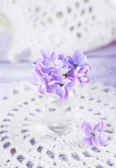 Fototapeta na wymiar Lilac flowers in a small glass bottle