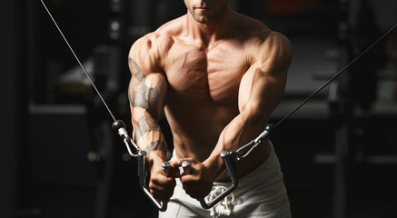 Strong bodybuilder doing exercise in the gym - obrazy, fototapety, plakaty