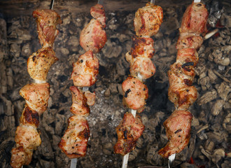 Pork barbecue on burning coal