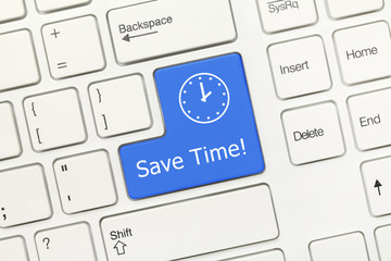 White conceptual keyboard - Save time (blue key)