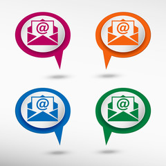 Open envelope icon on colorful chat speech bubbles