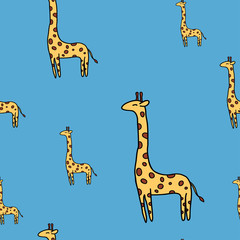Cute giraffe seamless vector pattern on blue background