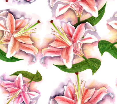 Retro-style watercolour lily seamless background pattern