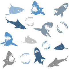 Sharks silhouettes seamless pattern. Isolated blue on white