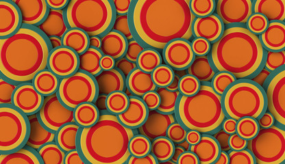 3D render of orange, yellow, cyan circles of various sizes filling the full frame