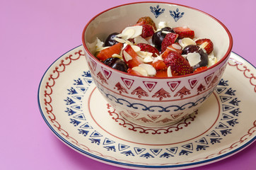 breakfast cottage cheese with yogurt fruits and nuts 