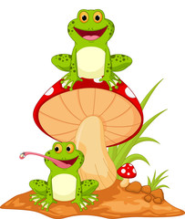 Happy frog cartoon sitting on mushroom