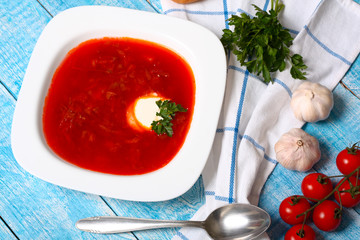 Traditional russian and ukrainian borscht soup