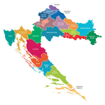 Croatia Map with Regions Colored Vector Illustration