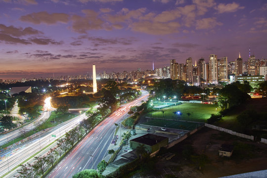 Urban view at dusk of the Ibirapuera park at Sao Paulo city.