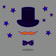 Gentleman icon, mustache, hat and bow-tie
on stripped background.