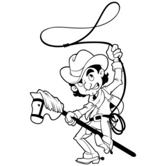 Cowboy with lasso on a stick-horse outlined on white background