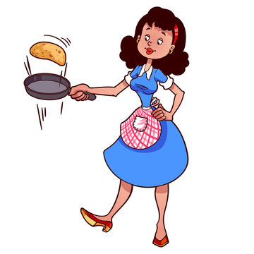 Cute housewife in apron with a frying pan and pancake