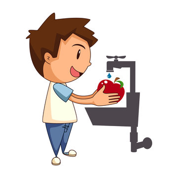 Child washing apple
